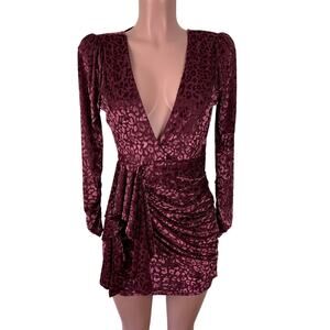 LUXXEL long sleeve mini dress Medium Wine Red Leopard Velvet open back holiday